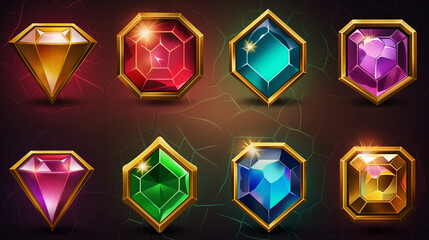 Gem set icons on dark background isolation, Illustration 