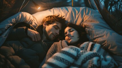 A couple sleeping in a tent their bodies entwined and their faces peaceful. The sounds of nature and the intimacy of their shared space create a sense of serenity and tranquility as . - obrazy, fototapety, plakaty