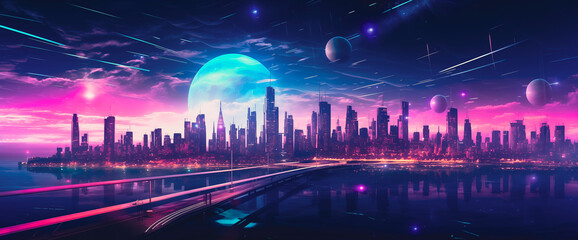 Futuristic city with various neon colors, Urban futuristic background and neon violet color. Futuristic technology in civil engineering