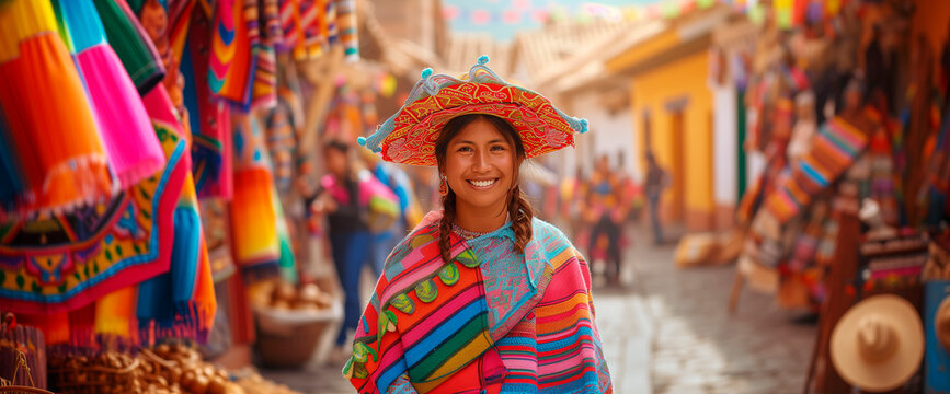 Beautiful Peruvian woman dressed in her typical costume smiles looking at the camera with depth of field.