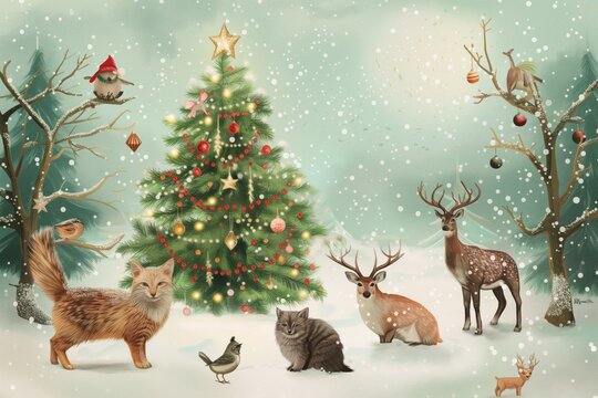 New Year's card with painted animals and a Christmas card