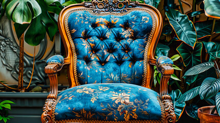 Antique Floral Armchair, Luxurious Vintage Fabric Pattern, Elegant Room with Baroque Style Furniture