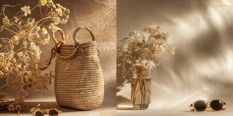 Natural Straw Tote Bag and Sunglasses with Dried Flowers on Beige Background