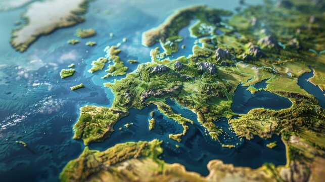 Detailed close up view of a map displaying the countries, cities, rivers, and mountain ranges of Europe.