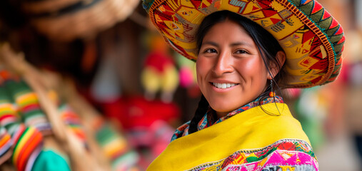 Beautiful Peruvian woman dressed in her typical costume smiles looking at the camera with depth of field.