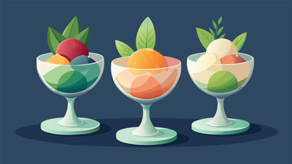 A trio of vegan sorbets each with its own unique flavor profile are elegantly arranged in a crystal bowl and garnished with fresh herbs and - obrazy, fototapety, plakaty