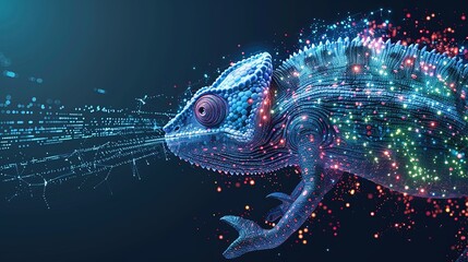 Digital chameleon in neon colors. Big data visualization. Information aesthetic design. Animal learning. Generative AI - obrazy, fototapety, plakaty