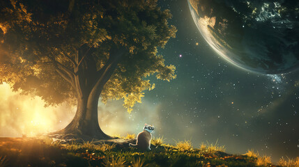 Cat under the tree in the moon