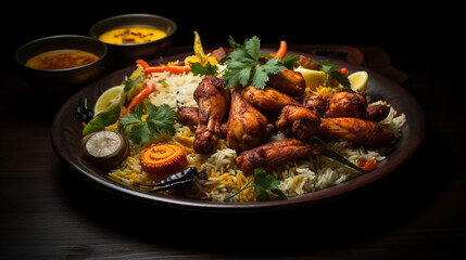 Fototapeta premium Wide flat lay photograph of delicious biriyani dish on a restaurant table in dark background with curries and gravies around 