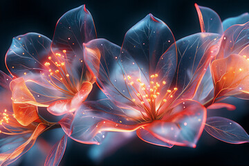 Obraz premium Transparent blossom flowers pattern in close up with golden and blue lights 