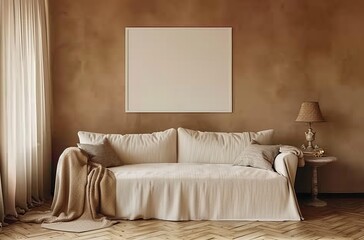 Home mockup showcasing living room in Japandi style. Presented in 3D render. Made with generative AI technology