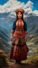 Beautiful young Peruvian indigenous woman in full body on an Andean mountain background. Vertical