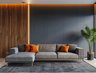 Living room interior with gray sofa, gray wall and vertical striped wooden wall with ceiling lights above.