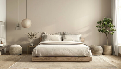 The bedroom has a rustic design with beige space.