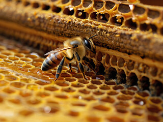 close up of honey bee on honeycomb - obrazy, fototapety, plakaty