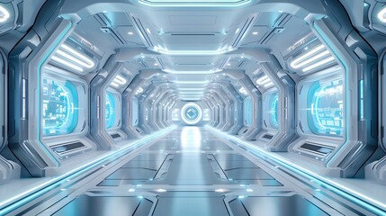 Corridor of a futuristic space station, a color scheme of white and blue, walls of glass with screens glowing, illustration digital. For Design, Background, Cover, Poster, Banner, PPT, KV design