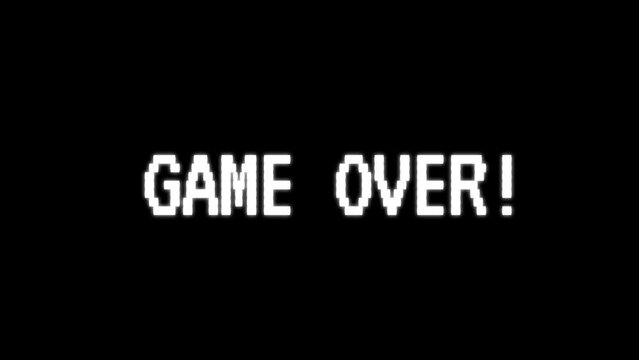 GAME OVER! black and white screen transparent graphic, transition in and out flicker grow for video overlay text glitch glow 8bit game gaming computer 10bit gamer news game over