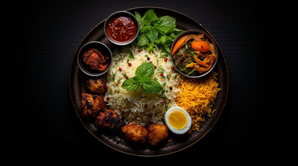 Wide flat lay photograph of delicious biriyani dish on a restaurant table in dark background with curries and gravies around 