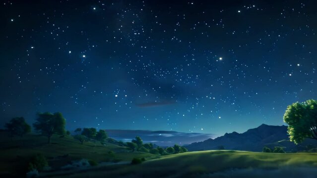 Nightscape over woody countryside landscape. 4k video animation