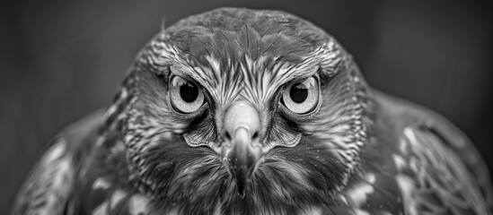 A bird of prey, a hawk, displaying a distinctive feature with its oversized beak and unusually large eye