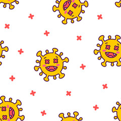 Viruses kawaii. Seamless pattern. Cute cartoon characters of bacterial infection and microbe. Hand drawn style. Vector drawing. Design ornaments. - obrazy, fototapety, plakaty