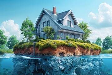 Isolated waterfront home with lush rooftop garden, sustainable features, and reflections on water, evoking a sense of calm. illustration of geothermal heating system in a residential home, - obrazy, fototapety, plakaty