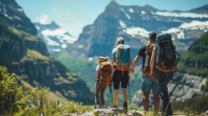 A group of hikers pause on a rocky mountain trail taking in the breathtaking vista of lush green valleys and snowy peaks. faces . . - obrazy, fototapety, plakaty