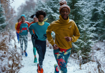  people running in the snow, wearing blue and red sportswear and black shoes, with smiling facial expressions - Powered by Adobe
