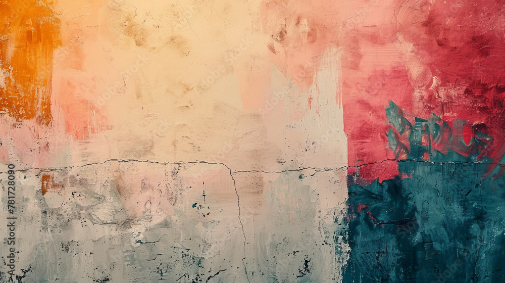 Aufkleber textured abstract painting combining vibrant reds, oranges, and blues creating a dynamic visual expe