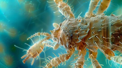 A visual of a human head with lice or crabs as seen under a microscope where the tiny s cling to hair and skin causing itching and - obrazy, fototapety, plakaty