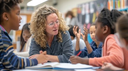 In the foreground a female teacher leans over a students desk pointing to a diagram in their workbook and asking thoughtprovoking questions. In the background other students eagerly .