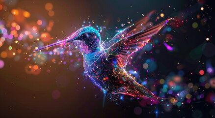 A beautiful hummingbird made of colorful light, flying in space - obrazy, fototapety, plakaty