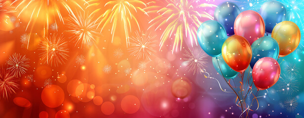 Background of holiday balloons and confetti Fireworks of Celebration holiday celebrations with resembling, capturing the spirit of revelry Gold and pink Fireworks and bokeh in New Year. - obrazy, fototapety, plakaty