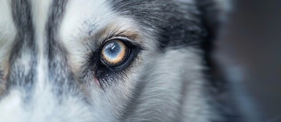 Close-up view of a canine's eye showing intricate details, with the surroundings softly blurred to create focus