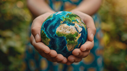 Two hands gently cradle a small globe against a blurred natural background, symbolizing environmental care and global responsibility.