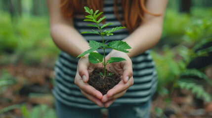 A young woman presents a small green plant seedling cupped in her hands, signifying growth and environmental conservation.