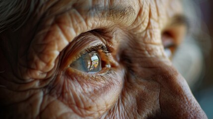 The delicate wrinkles around an elderly womans eyes highlighting the years of laughter and wisdom she carries within. .