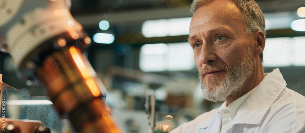 Poster a focused scientist wearing a lab coat carefully examines a specimen under a microscope in a laborat