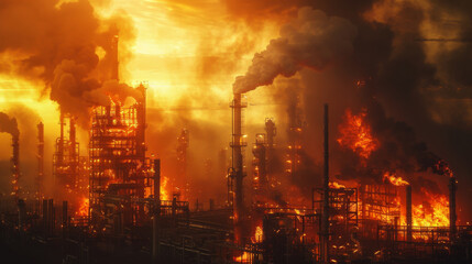 A dramatic sunset backdrop emphasizes the stark industrial pollution emitted from factory chimneys, highlighting environmental concerns.