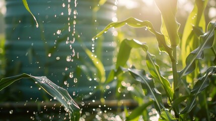 Rainwater drips onto a of tall corn stalks as they sway gently in the breeze. In the background a large tank sits atop a wooden platform collecting the precious water that will eventually . - obrazy, fototapety, plakaty
