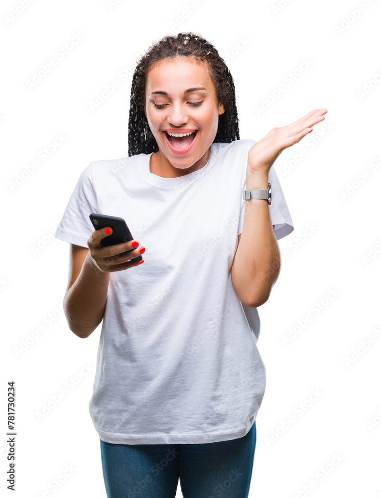 Poster Young braided hair african american girl showing using smartphone over isolated background very happy and excited, winner expression celebrating victory screaming with big smile and raised hands