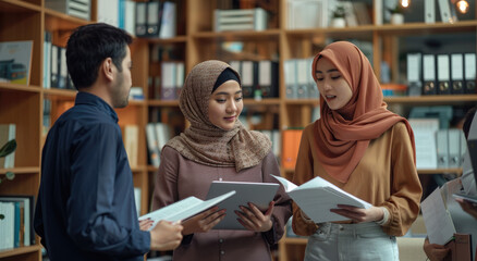 A diverse group of young professionals in an open-plan office were engaged in conversation and using laptops and tablets to share ideas for their next project plan