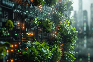 Naklejka premium Futuristic AI interfaces and sustainable tech through eye of high-tech. Dense server racks with foliage overgrowth, illuminate a stark contrast between nature and technology in an urban setting.
