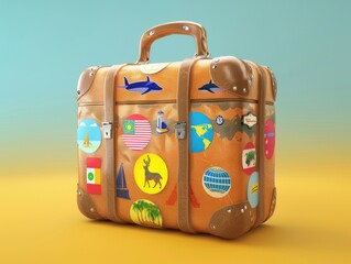 A 3D suitcase icon detailed with colorful stickers from around the world - obrazy, fototapety, plakaty