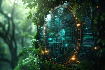 Futuristic AI interfaces merged with sustainable technology, Holographic globe and data screens in forest, merging technology and nature, suggesting environmental monitoring and sustainability. - obrazy, fototapety, plakaty