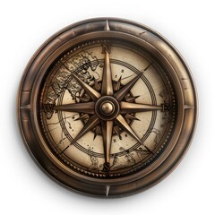 A 3D compass icon antique brass design with a detailed face pointing north