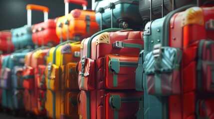 Animated 3D luggage icons with digital tags for smart seamless travel. Pack light - obrazy, fototapety, plakaty