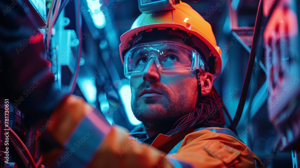 Aufkleber focused engineer with protective gear servicing high-tech data center server equipment.
