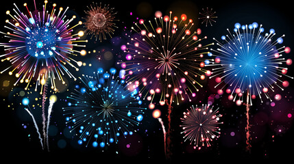 Happy new year with festive fireworks explosionson dark backgrou