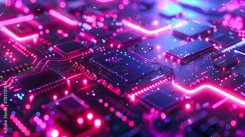 Poster blue digital processor and circuit board, abstract computing and technology background, futuristic e